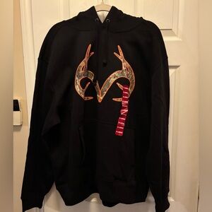 Real Tree Graphic Orange Lined Camo Logo Black Fleece Hoodie Size XL BNWT
